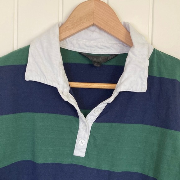 Faded Rose Womens Cropped Rugby Shirt Navy Green Stripes Size XL Collar Long Slv - Picture 4 of 10